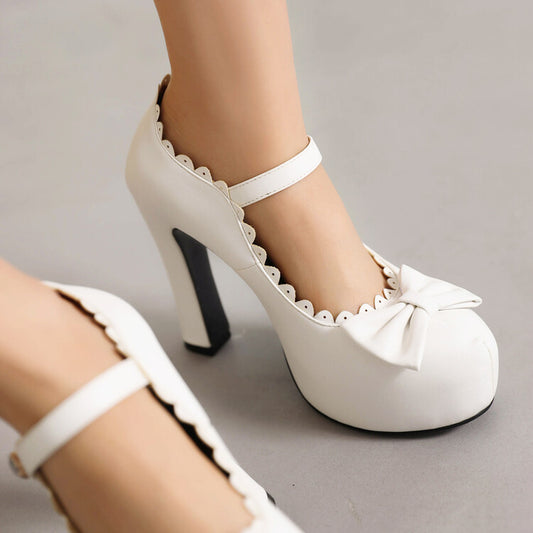 Women Bow Tie Ankle Strap Chunky Heel Mary Jane Platform Pumps