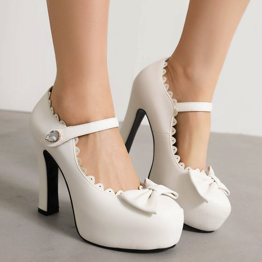 Women Bow Tie Ankle Strap Chunky Heel Mary Jane Platform Pumps