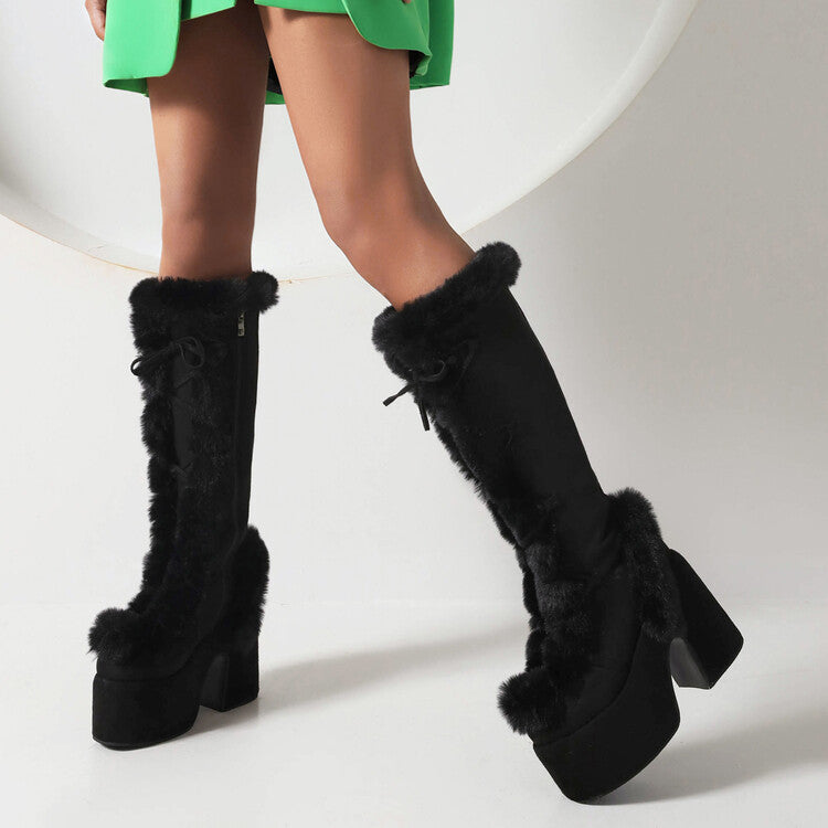 Women Furry Chunky Heel Mid Calf Platform Boots