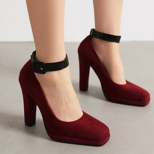 Women Shallow Buckles Ankle Strap Chunky Heel Pumps