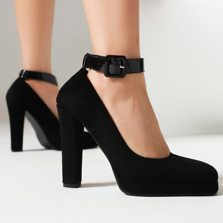 Women Shallow Buckles Ankle Strap Chunky Heel Pumps