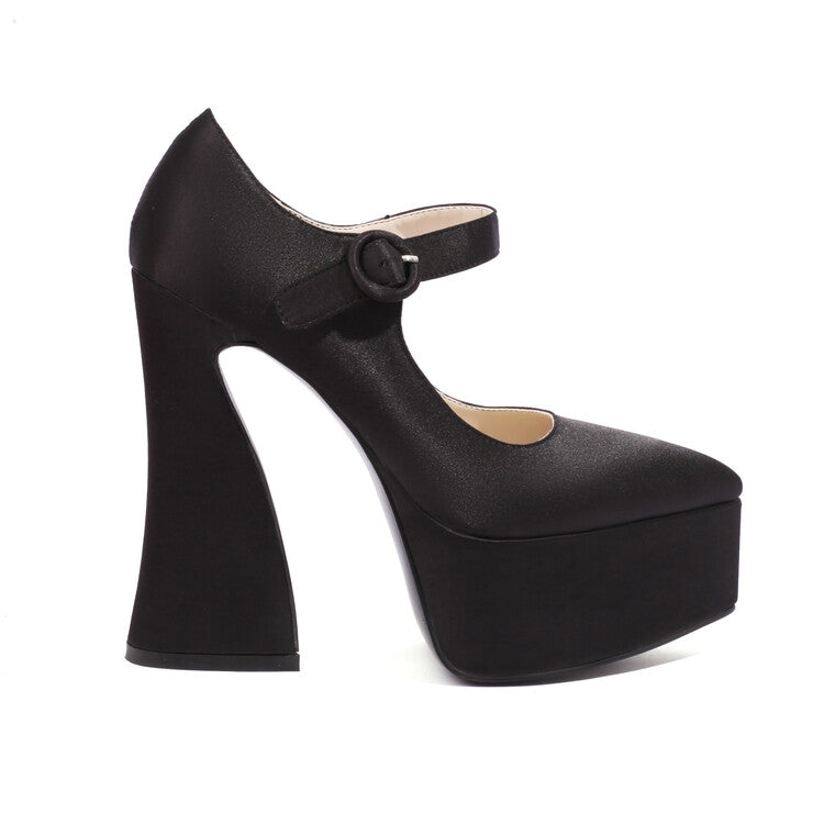 Women Stain Pointed Toe Straps Buckles Spool Heel Mary Jane Platform Pumps