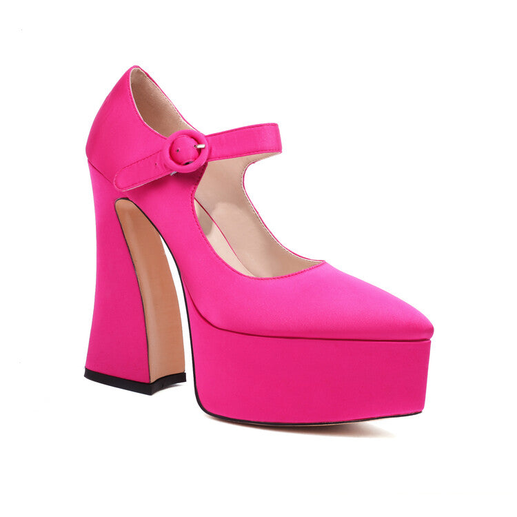 Women Stain Pointed Toe Straps Buckles Spool Heel Mary Jane Platform Pumps