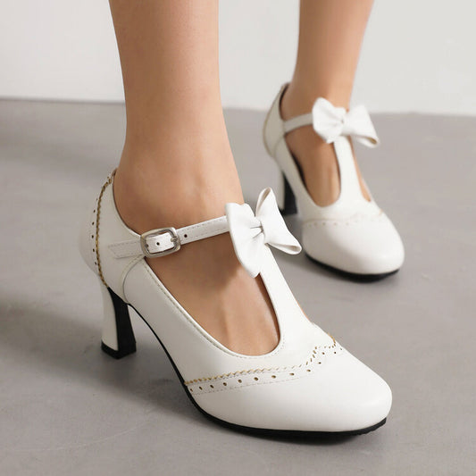 Women Round Toe Carved T Strap Bow Tie Spool Heel Mary Jane Pumps