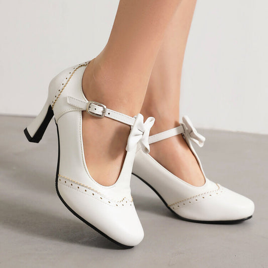 Women Round Toe Carved T Strap Bow Tie Spool Heel Mary Jane Pumps