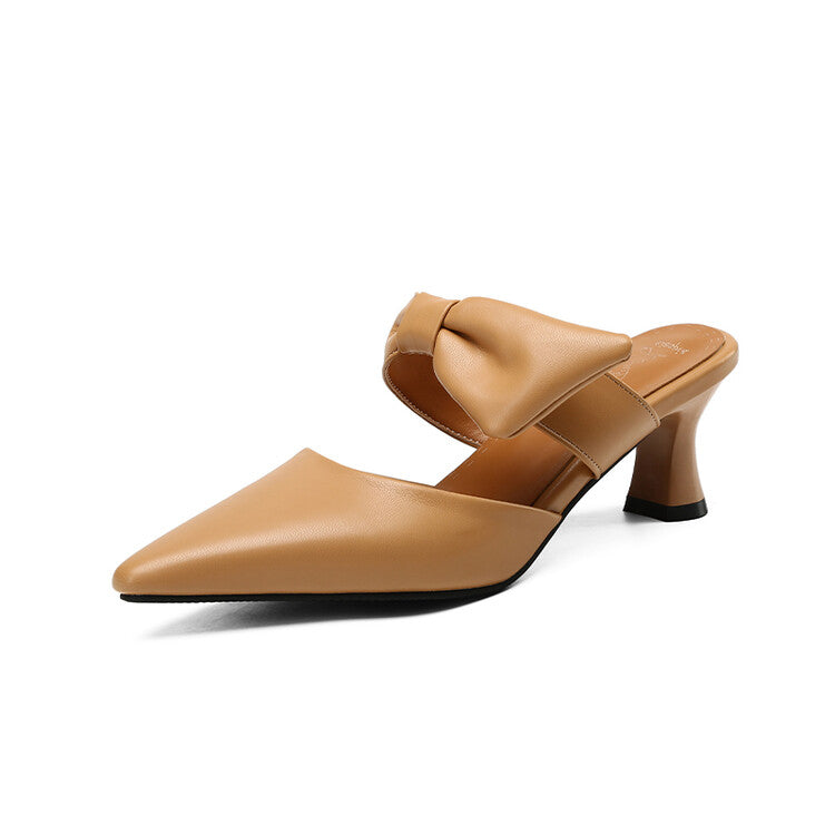 Women Pointed Toe Shallow Bow Tie Spool Heel Slides Slip On Sandals