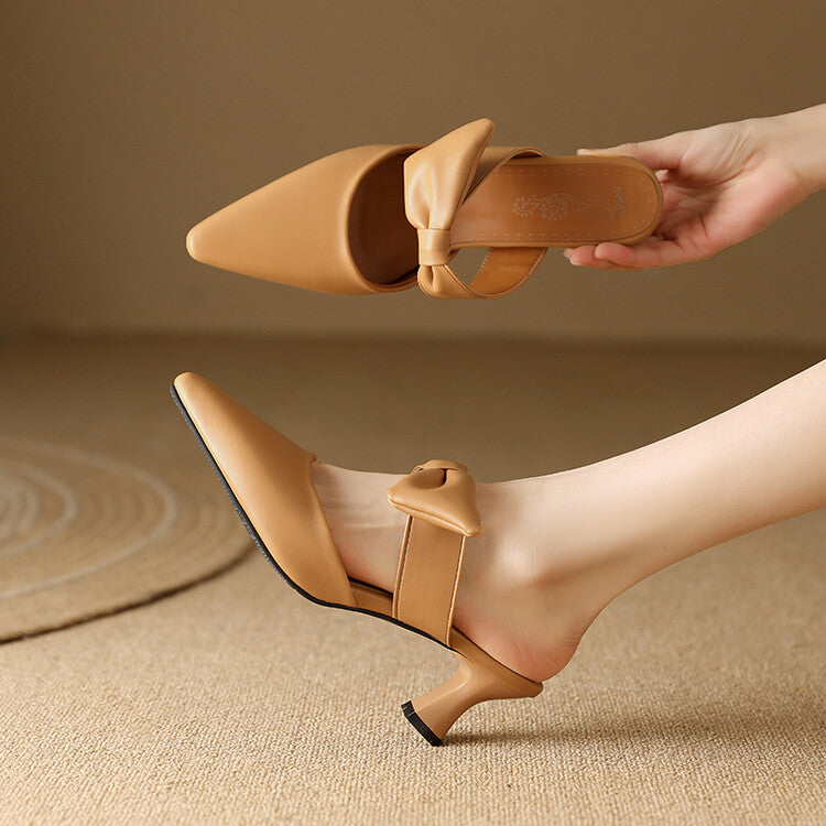 Women Pointed Toe Shallow Bow Tie Spool Heel Slides Slip On Sandals