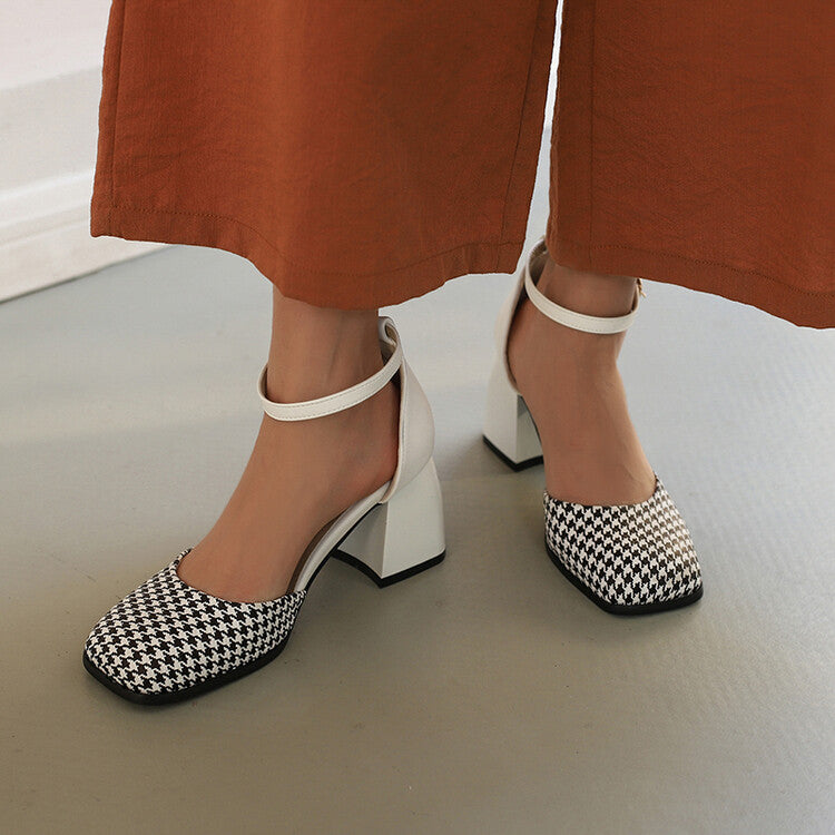 Women Bicolor Square Toe Ankle Strap Block Heel Sandals