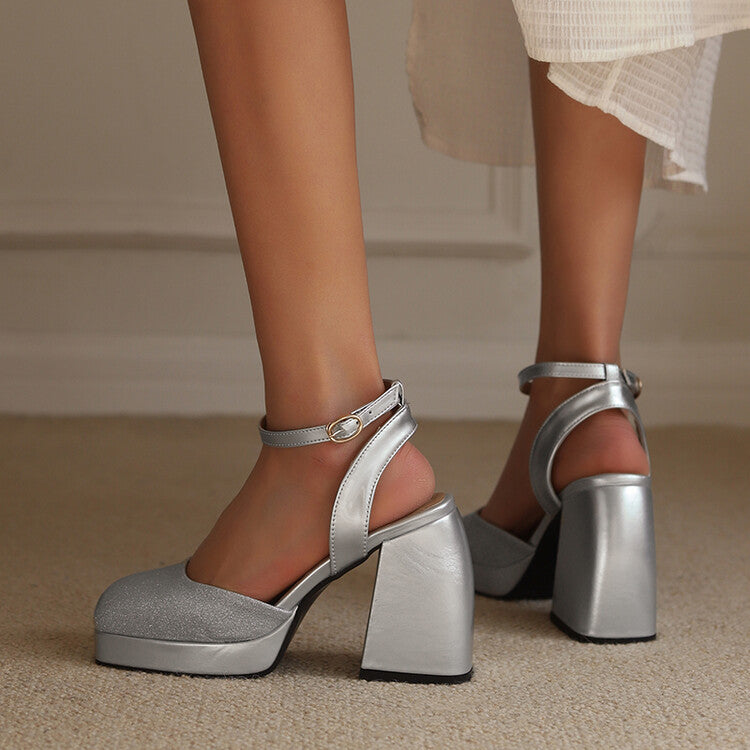 Women Sequins Square Toe Ankle Strap Chunky Heel Platform Sandals