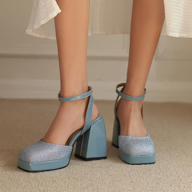 Women Sequins Square Toe Ankle Strap Chunky Heel Platform Sandals