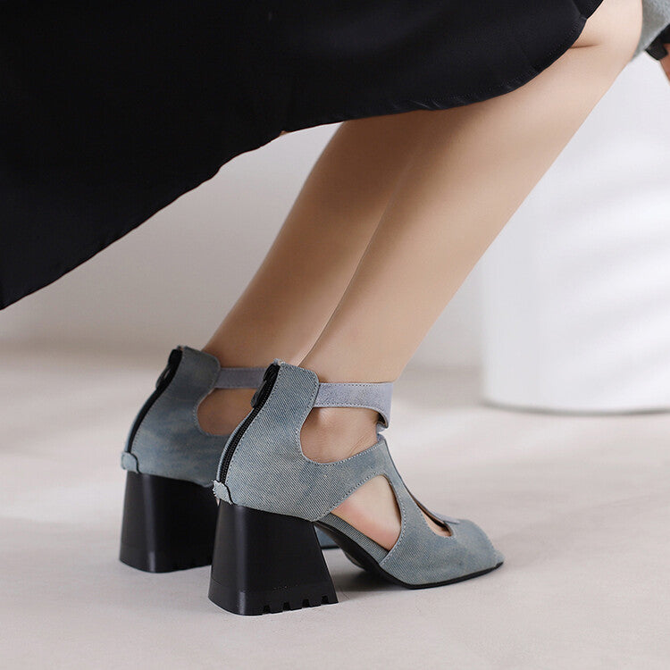 Women Peep Toe T Strap Cutout Back Zippers Block Chunky Heel Sandals