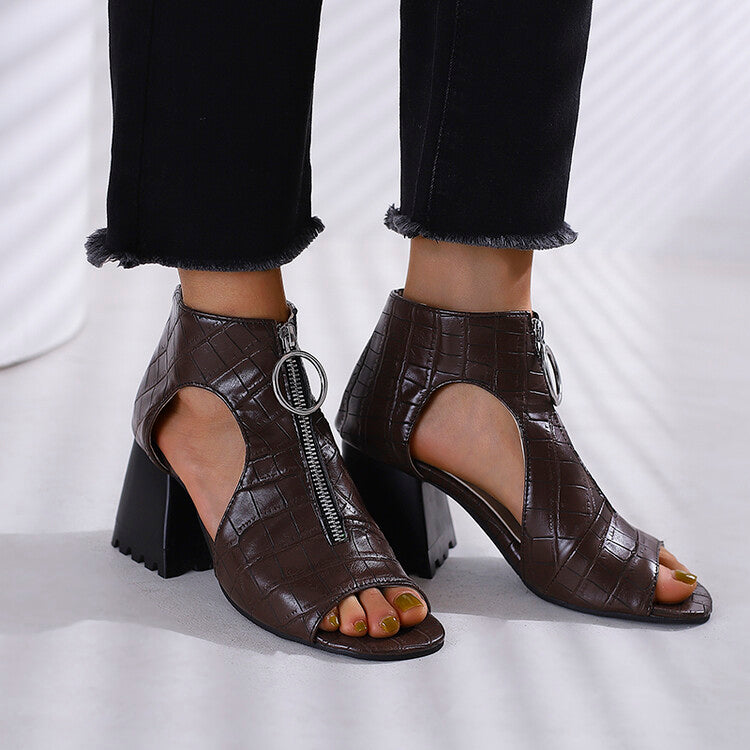 Women Peep Toe Zippers Cutout Block Chunky Heel Sandals