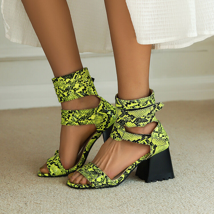 Women Snake-print Open Toe Buckles Block Chunky Heel Sandals