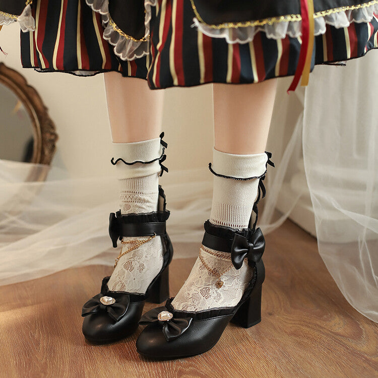 Women Rhinestone Lace Bow Tie Block Chunky Heel Sandals