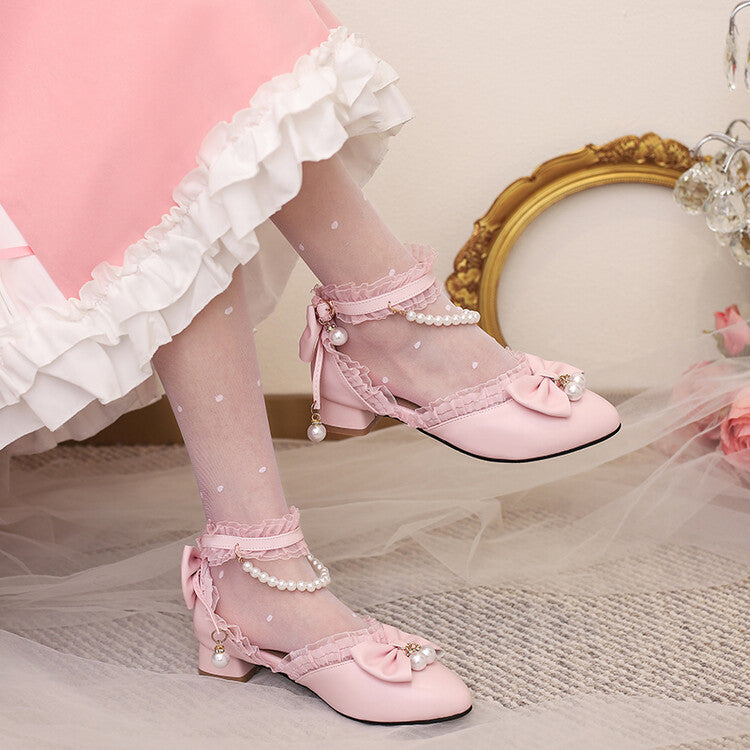 Women Lace Pearls Bow Tie Block Chunky Heel Sandals