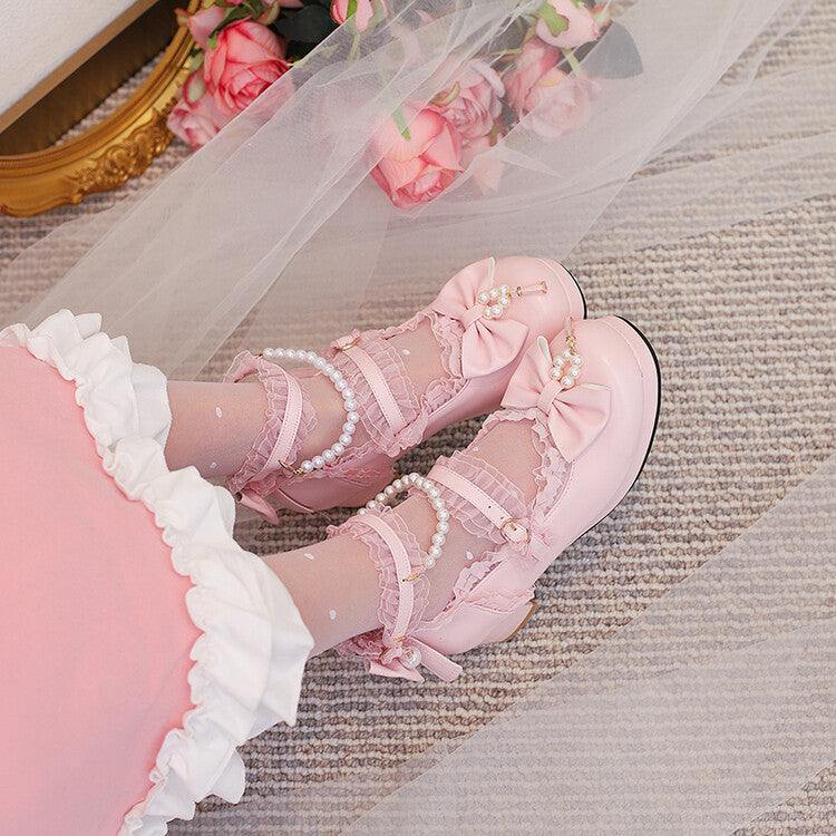Women Lolita Lace Pearls Bow Tie Ankle Strap Block Heel Pumps