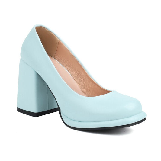 Women Candy Color Square Toe Shallow Block Chunky Heel Platform Pumps
