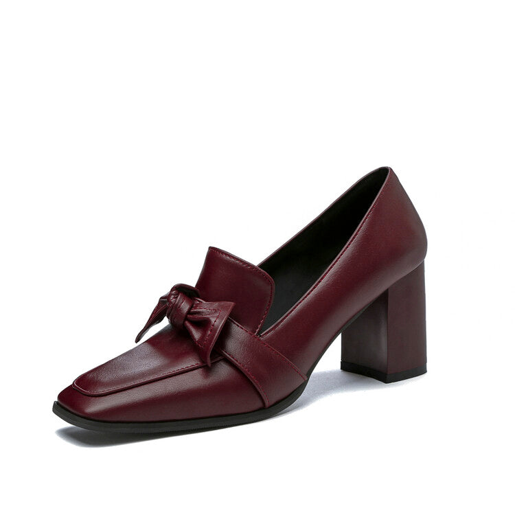 Women Square Toe Bow Tie Shallow Block Heel Loafers