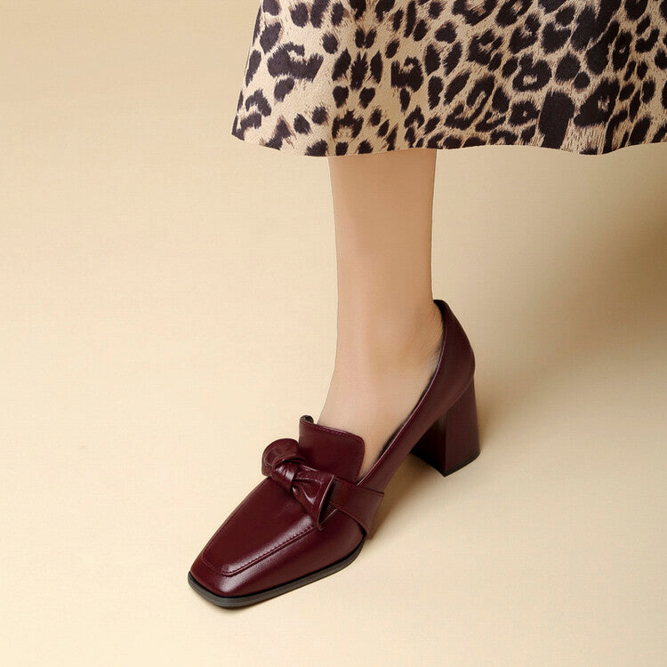 Women Square Toe Bow Tie Shallow Block Heel Loafers