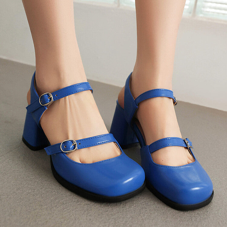 Women Square Toe Shallow Buckle Straps Mary Janes Block Chunky Heel Platform Sandals