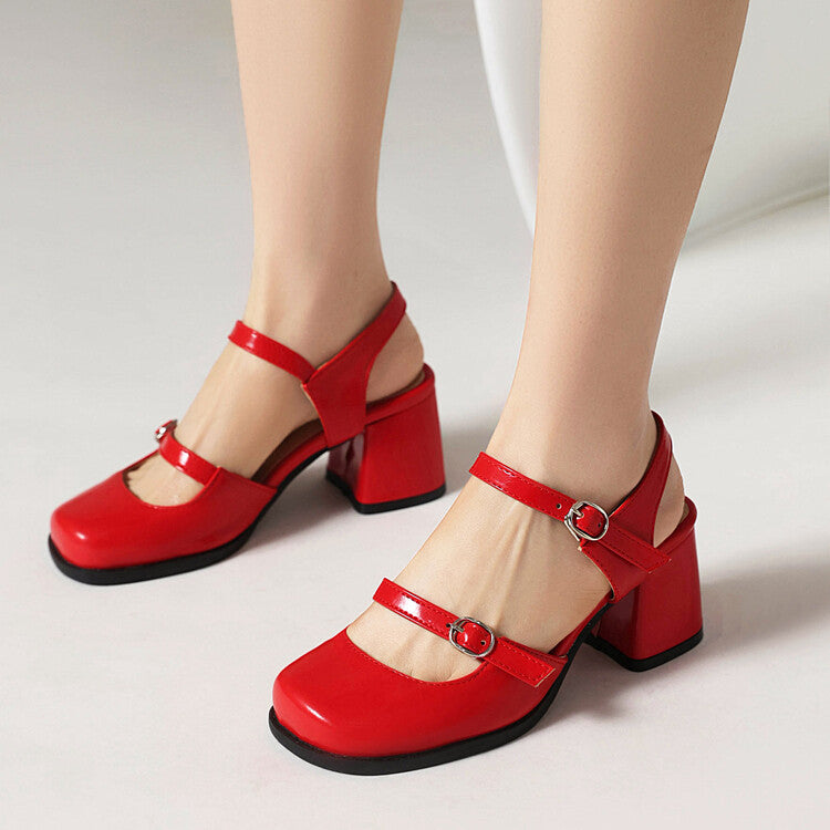 Women Square Toe Shallow Buckle Straps Mary Janes Block Chunky Heel Platform Sandals