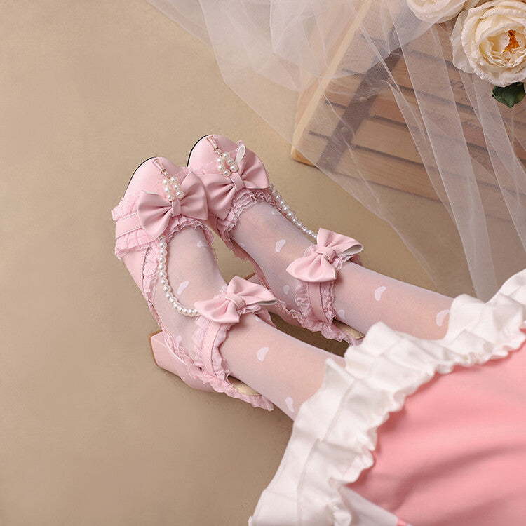 Women Pearls Lace Bow Tie Block Chunky Heel Sandals