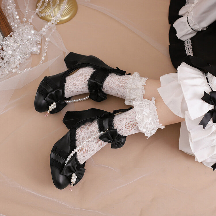 Women Pearls Lace Bow Tie Block Chunky Heel Sandals