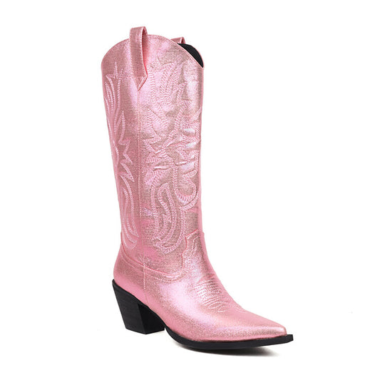 Women Cowboy Pointed Toe Beveled Heel Embroidery Mid Calf Western Boots