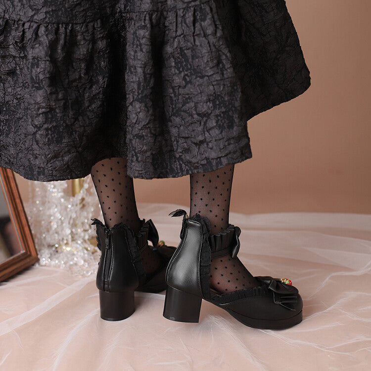 Women Lolita Lace Bow Tie Block Heel Sandals