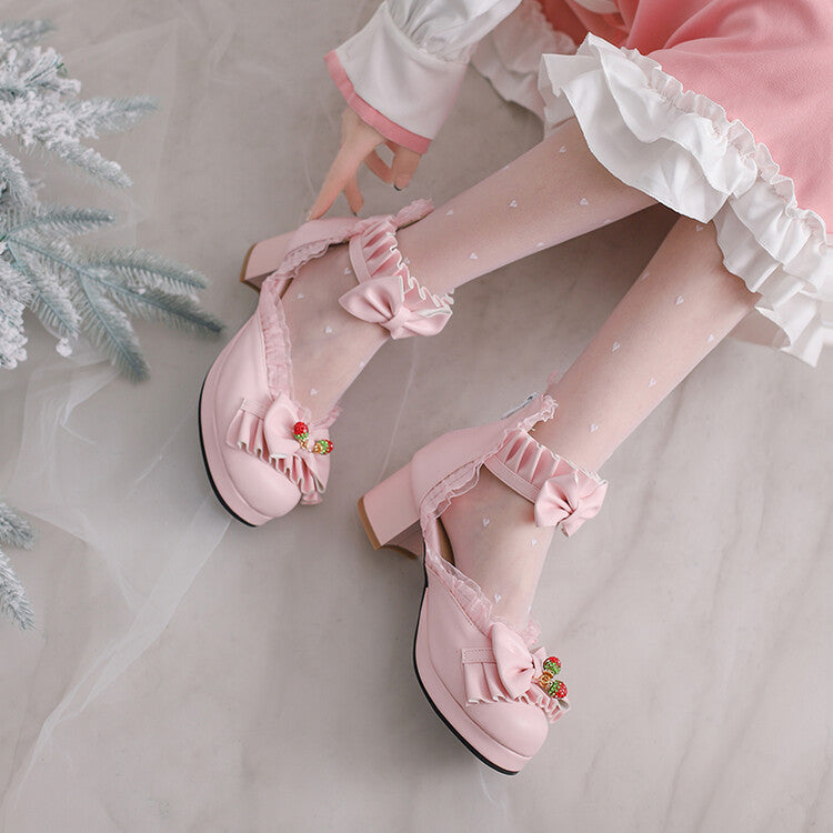Women Lolita Lace Bow Tie Block Heel Sandals
