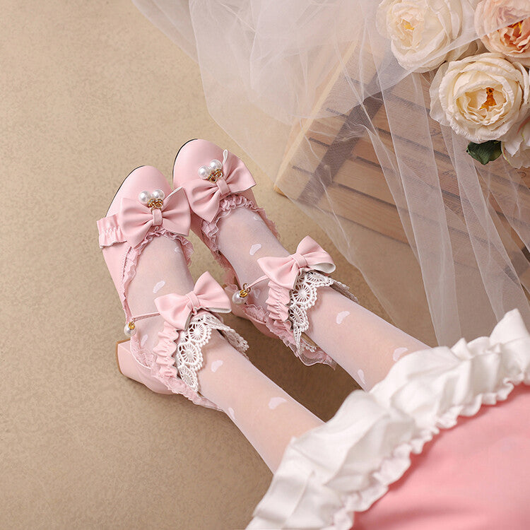 Women Pearls Lace Bow Tie Block Heel Sandals