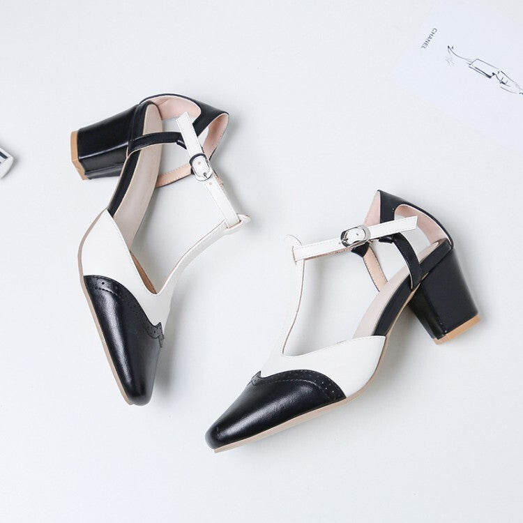 Women Bicolor Pointed Toe T Strap Block Chunky Heel Sandals