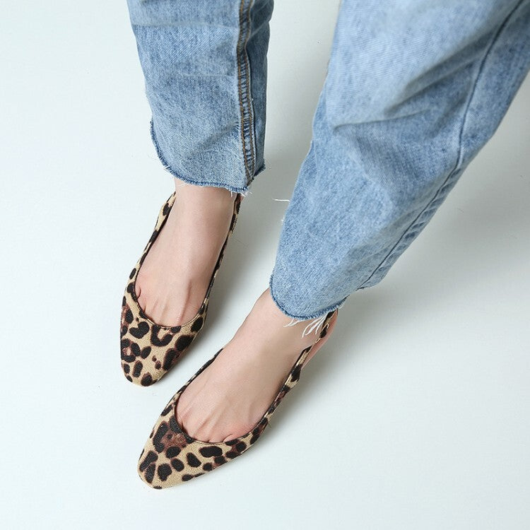 Women Leopard Print Pointed Toe Shallow Slingbacks Block Chunky Heel Sandals