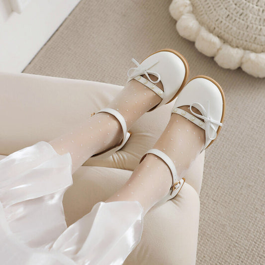 Women Pearls Bow Tie Block Chunky Heel Sandals
