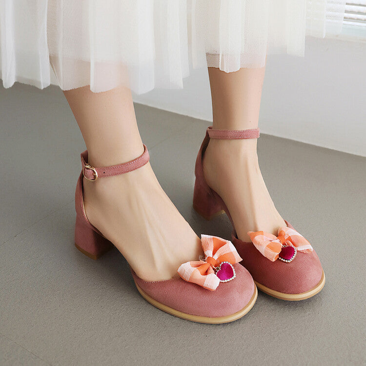 Women Bow Tie Ankle Strap Block Chunky Heel Sandals