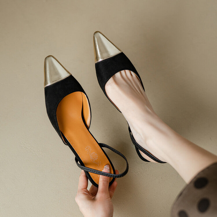Women Metal Pointed Toe Shallow Bicolor Slingbacks Heel Sandals
