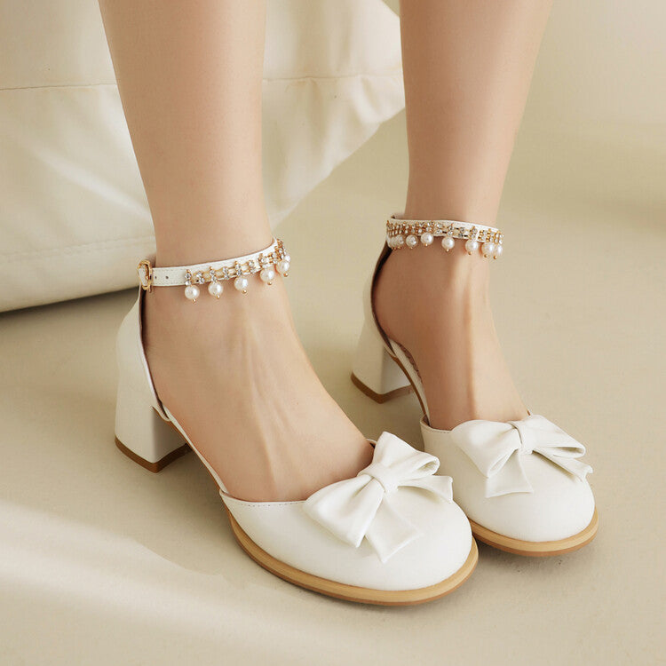 Women Round Toe Bow Tie Pearls Ankle Strap Block Chunky Heel Sandals