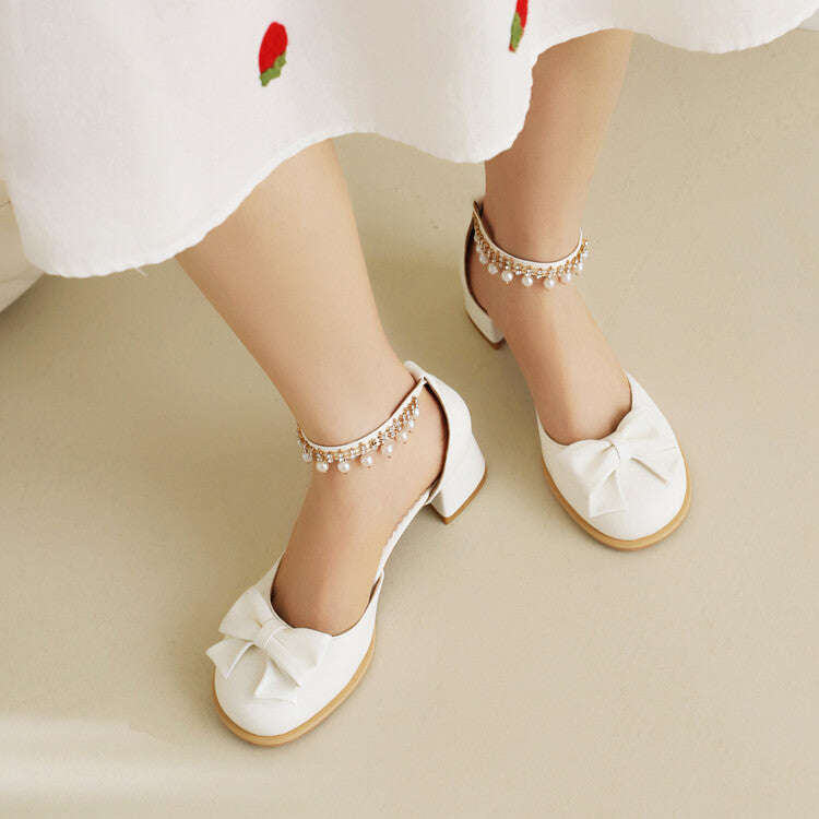 Women Round Toe Bow Tie Pearls Ankle Strap Block Chunky Heel Sandals