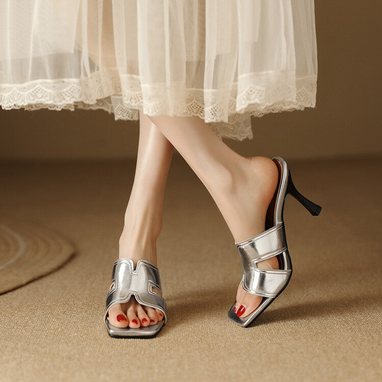 Women Metal Patent Spool Heel Slip On Slides Sandals