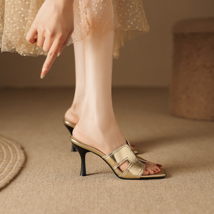Women Metal Patent Spool Heel Slip On Slides Sandals