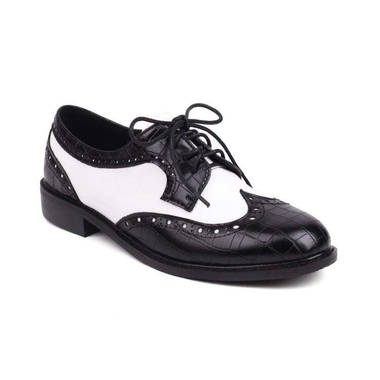 Women Bicolor Lace-Up Round Toe Flats Oxford Shoes