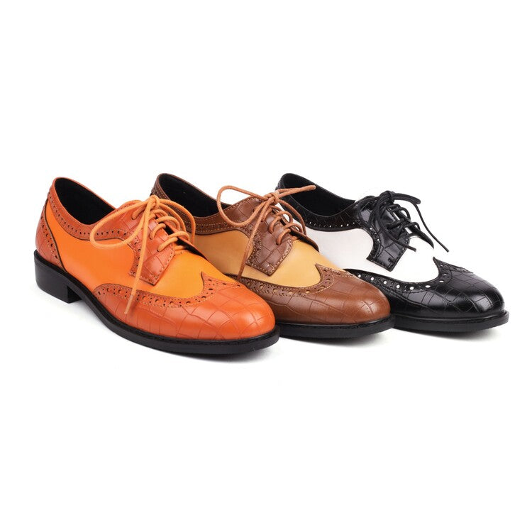Women Bicolor Lace-Up Round Toe Flats Oxford Shoes