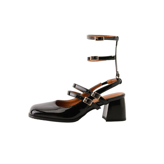 Women Square Toe Patent Mary Janes Slingbacks Block Heel Sandals
