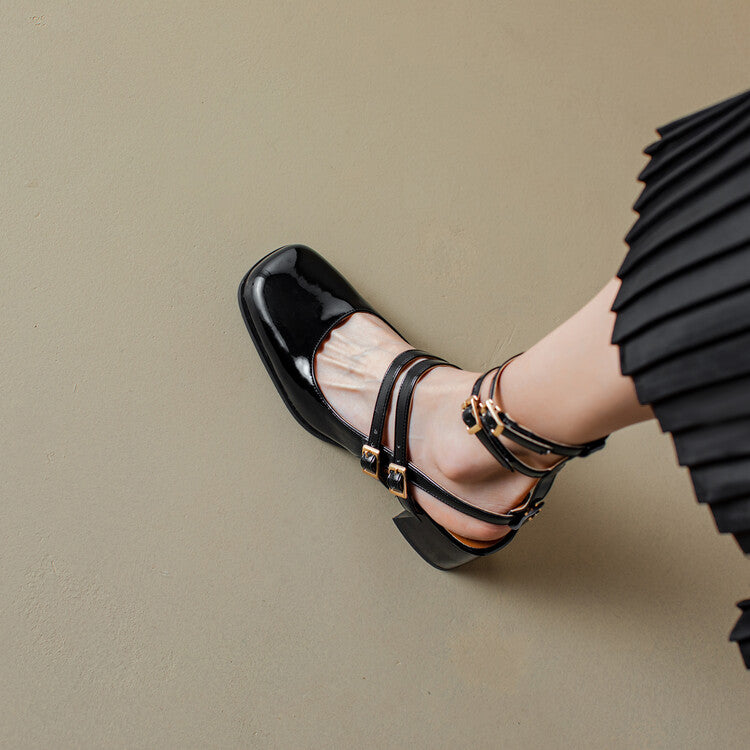 Women Square Toe Patent Mary Janes Slingbacks Block Heel Sandals