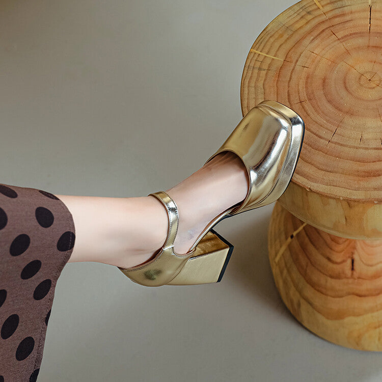 Women Square Toe Patent Buckle Straps Block Heel Sandals