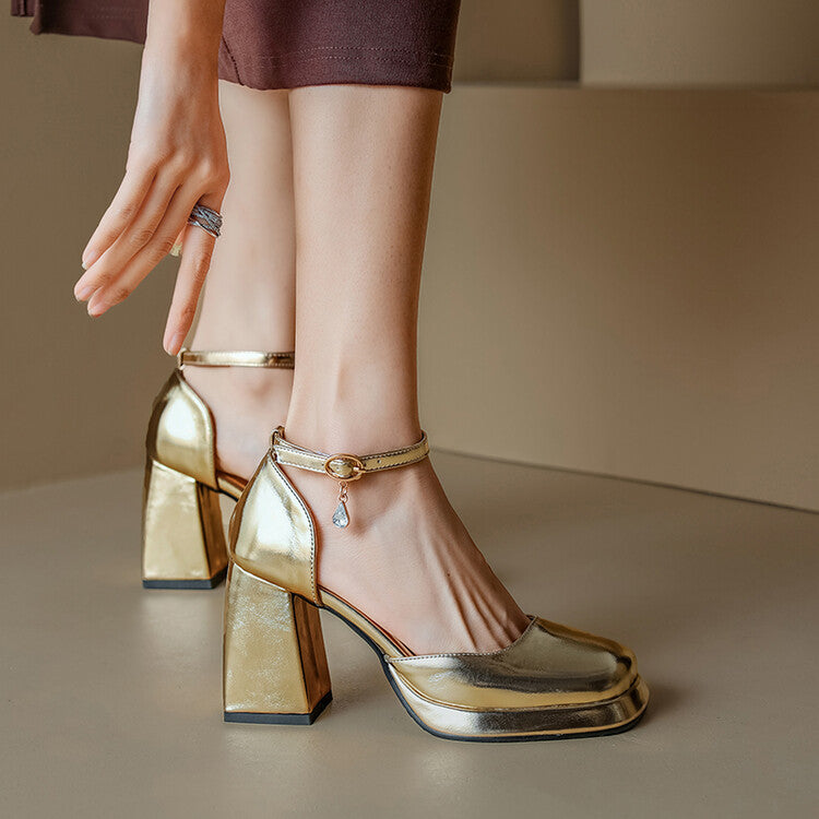 Women Square Toe Patent Rhinestone Ankle Strap Block Heel Platform Sandals