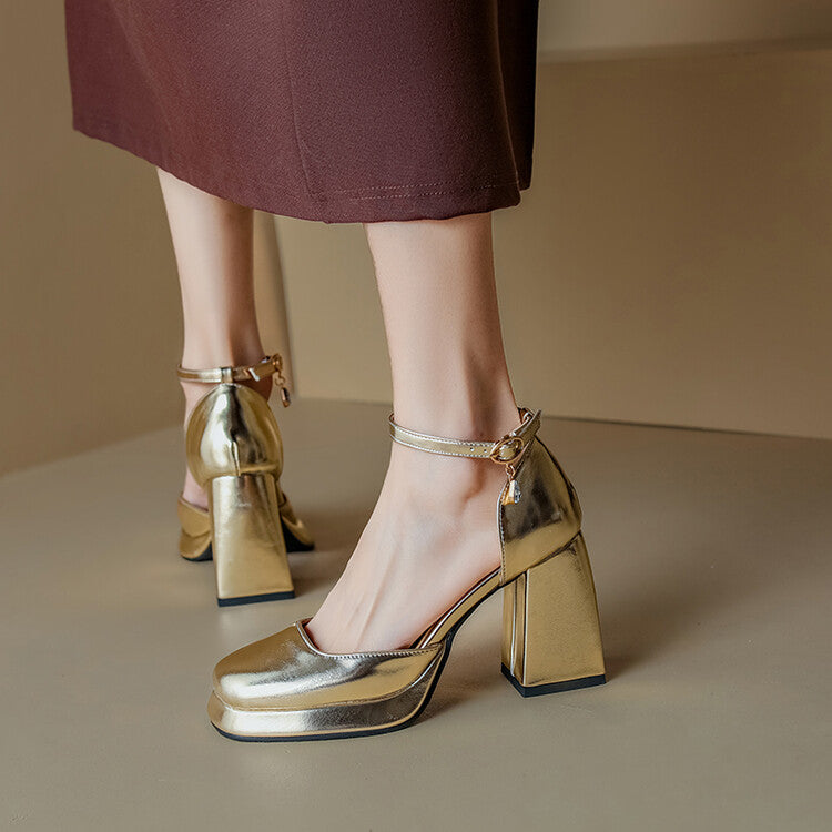 Women Square Toe Patent Rhinestone Ankle Strap Block Heel Platform Sandals
