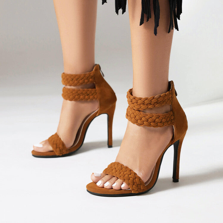 Women Back Zippers Ankle Strap Stiletto Heel Sandals