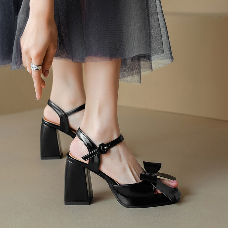 Women Bow Tie Ankle Strap Block Heel Platform Sandals