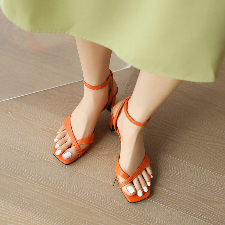 Women Roman Gladiator Square Toe Ankle Strap Block Heel Sandals